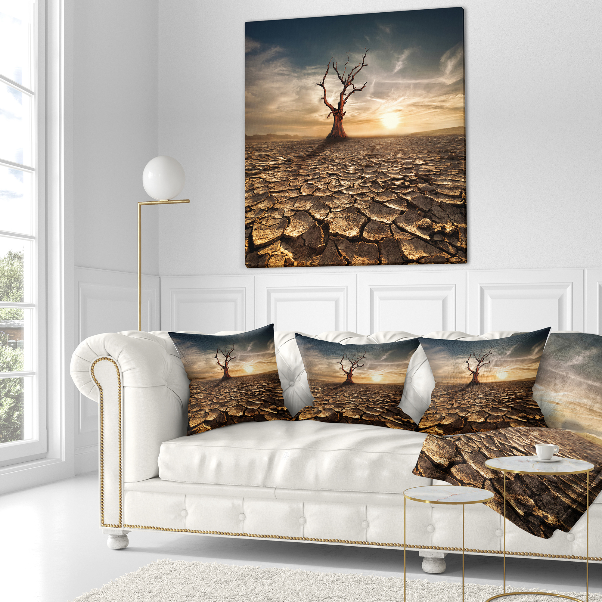 Designart Lonely Dead Tree in Cracked Land - Landscape Printed Throw Pillow - 18x18