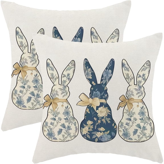 Easter Pillow Covers 16 x 16 Inch Set of 2 for Chinoiserie Blue Floral Rabbit Bunny Decor Throw Pillows Spring Flower Outdoor Holiday Farmhouse Decorative Cushion Cases for Couch Decoration