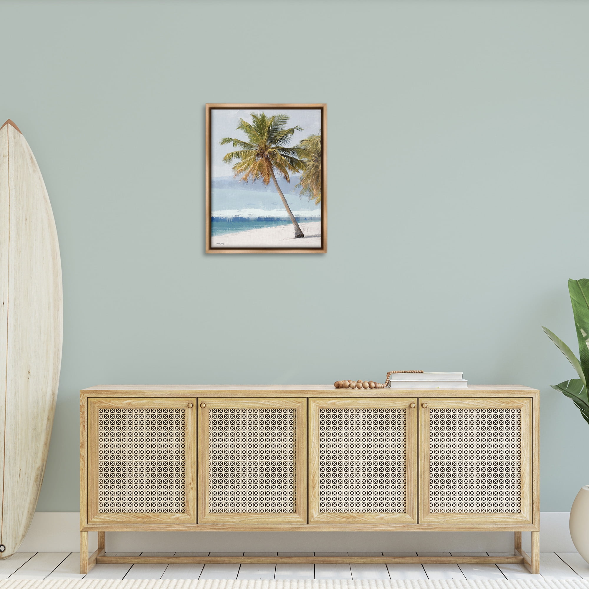 Stupell Industries Looming Palms on Shore Landscape Painting Brown Floater Framed Canvas Art Print Wall Art, 25 x 31