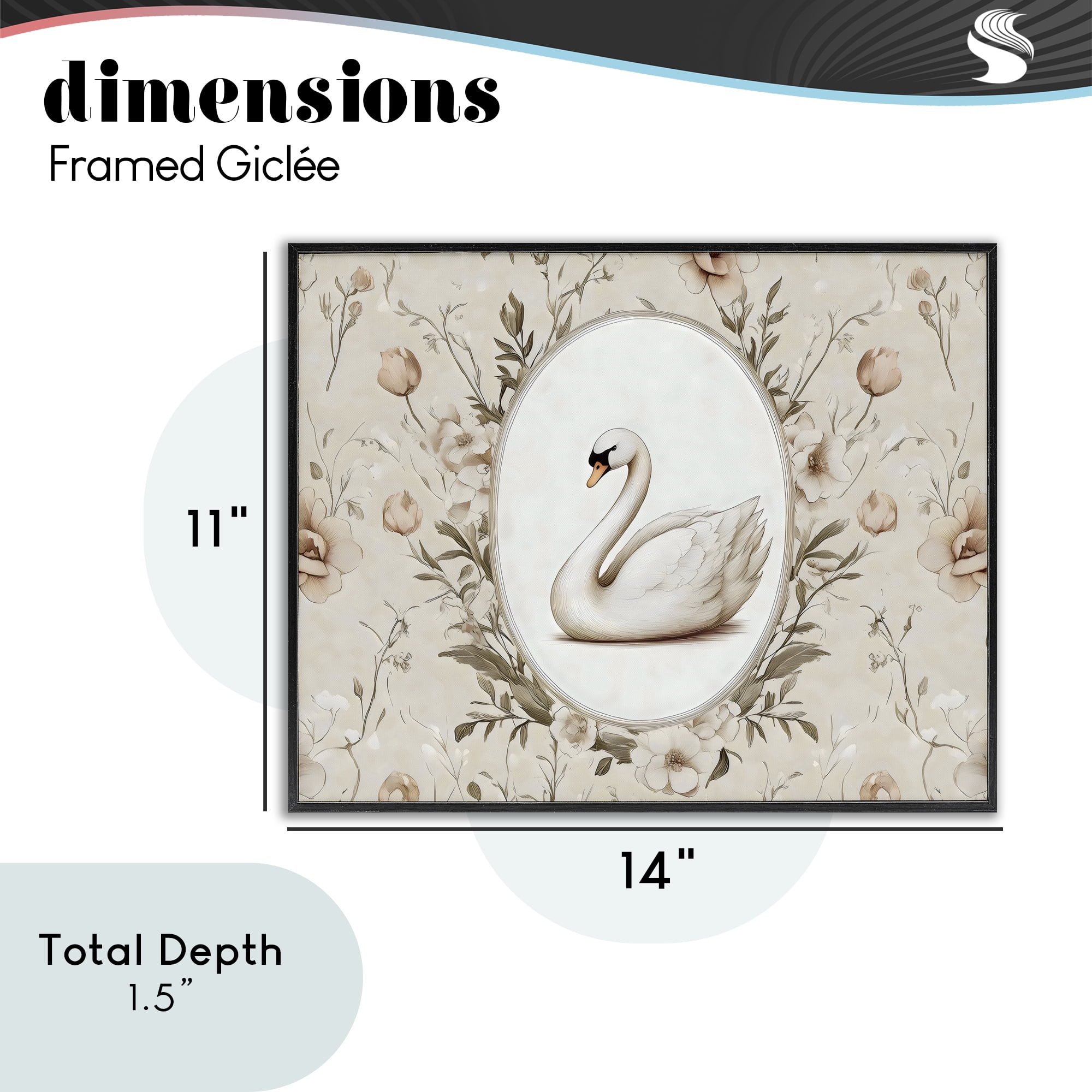 Stupell Industries Swan Vignette in Floral Border Black Framed Giclee Art, design by Arlington Prints