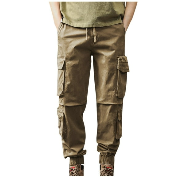 KeShDi Chinos Pants Men's Fashion Casual Solid Color Multiple Cargo Pockets Elastic Rope Casual Pants Yellow XL