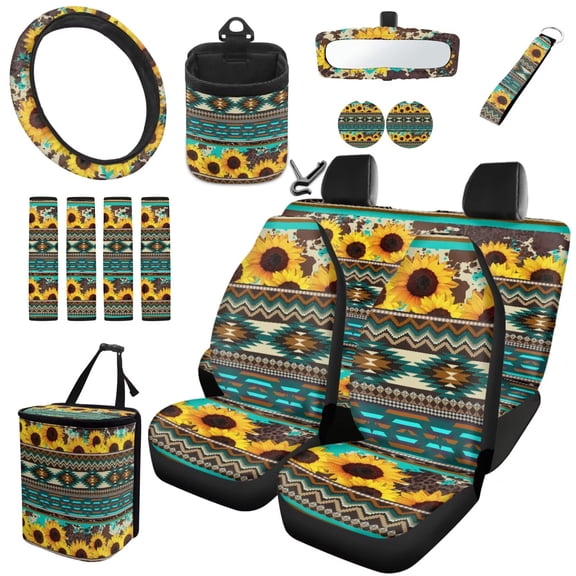Garronmavis Southwest Aztec Sunflower 15pcs Automobile Interior Sets Steering Wheel Cover Front Rear Full Car Seat Covers Seat Belt Cover Coasters Air Vent Car Organizer Garbage