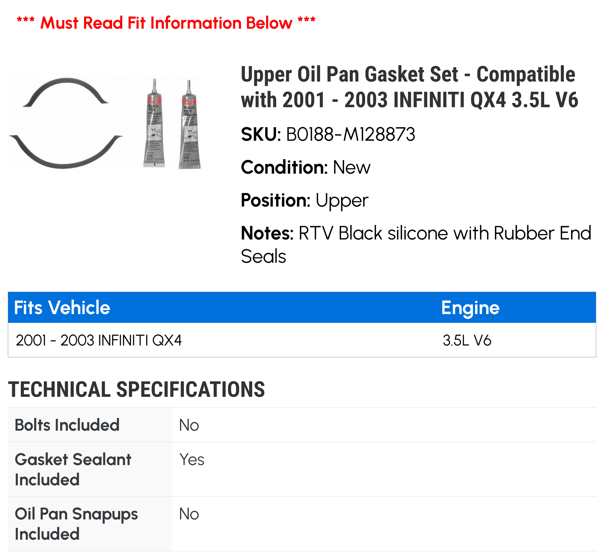 Upper Oil Pan Gasket Set - Compatible with 2001 - 2003 INFINITI QX4 3.5L V6 2002