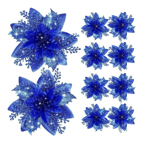 Shoreew 12Pcs Glitter Poinsettia Christmas Ornaments with Clips Stems Artificial Flowers for Xmas Tree Wedding Party Wreath Decoration