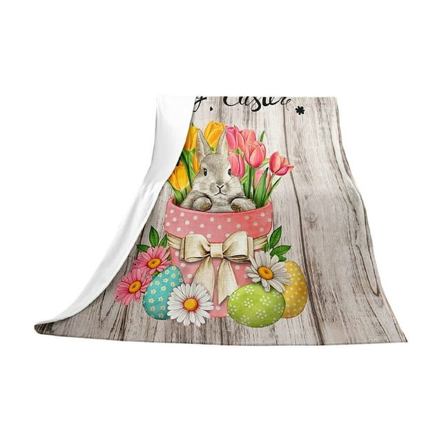Cheapark Easter Flannel Sofa Blanket Soft Couch Throw With Bunny And Colorful Eggs Pattern For Home Decor And Holiday Gift