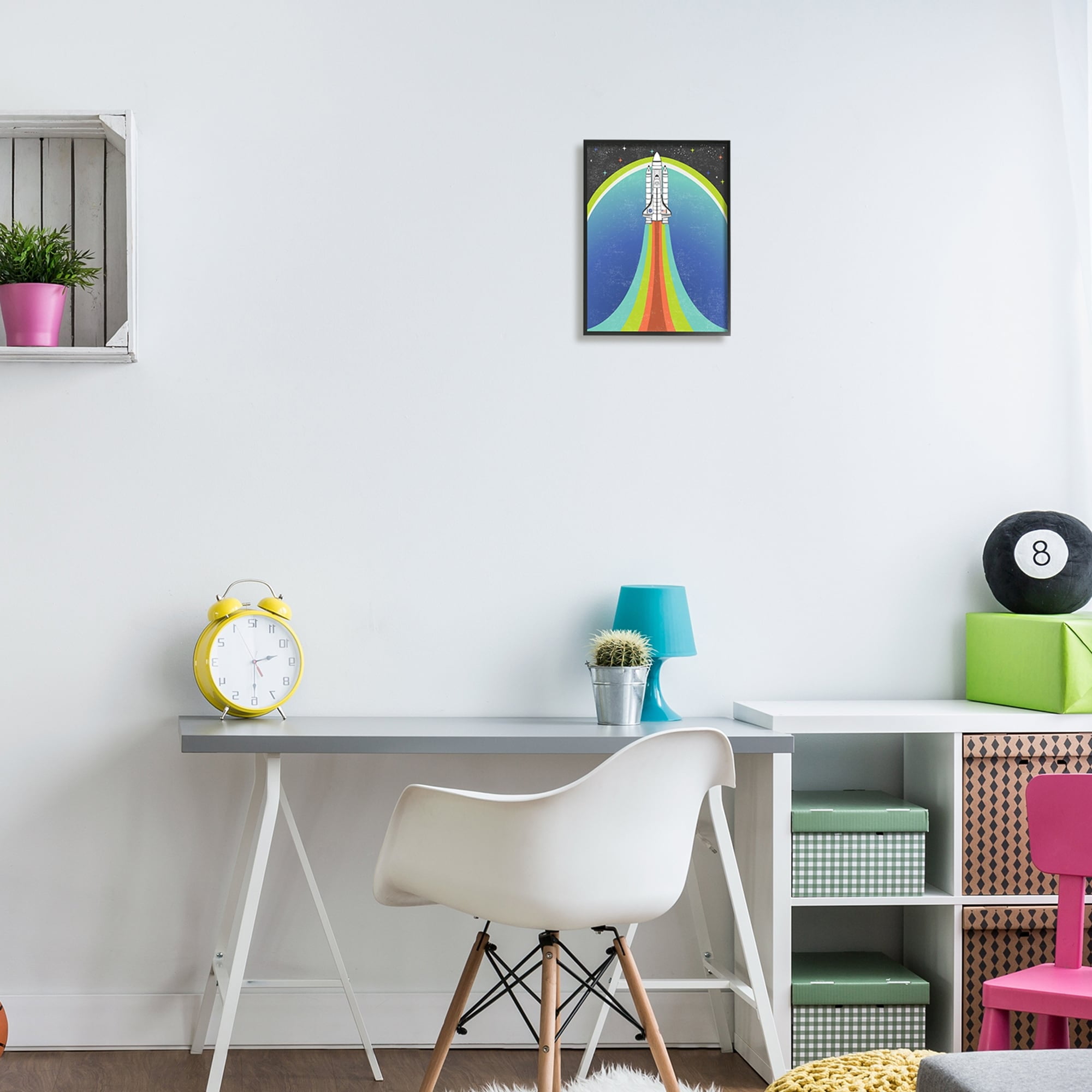 Stupell Industries Rocket Ship Taking Off Outer Space Striped Pattern Framed Wall Art, 16 x 20, Design by Caroline Alfreds