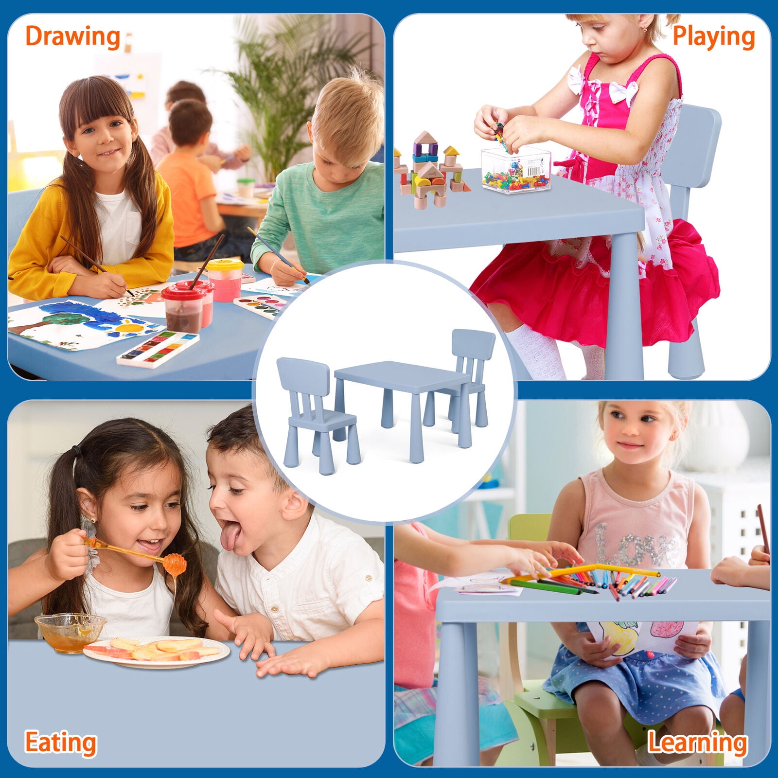MarketLane 3 Piece Kids Table and Chair Set 3 in 1 Plastic Children Activity Table Toddler Play Set for Indoor and Outdoor, Playroom, Home, Nursery, Daycare, Stable Wide Base Legs