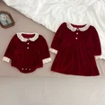 thumbnail image 3 of Vestido de primavera para hermanas, mono con solapa de encaje para niñas, vestido de princesa con mangas abullonadas de encaje de terciopelo rojo, ropa de Año Nuevo, 3 of 6