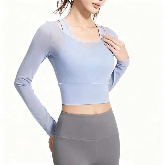 HongQid Women Fitness Tops Long Sleeve Cropped Crew Neck Basic Shirts for Yoga Pilates Going Out Blouse