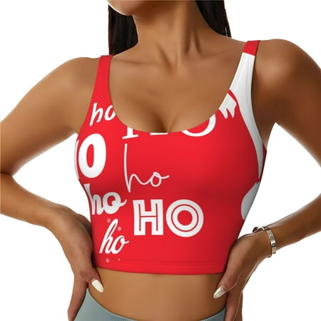 Qokaie Saying Ho Ho Ho Pattern Womens Scoop Neck Sports Bra Breathable Workout Vest Padded U Back Medium Impact Fitness Gym Yoga Bra Workout Crop Top-