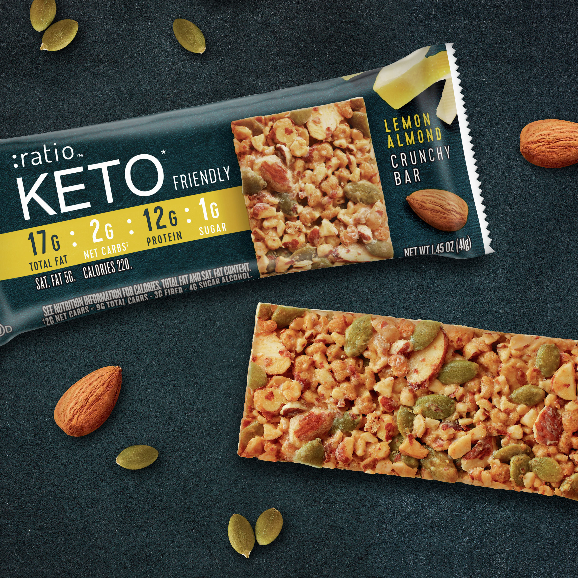 :ratio KETO Friendly Crunchy Bars, Lemon Almond, Gluten Free Snack, 4 ct