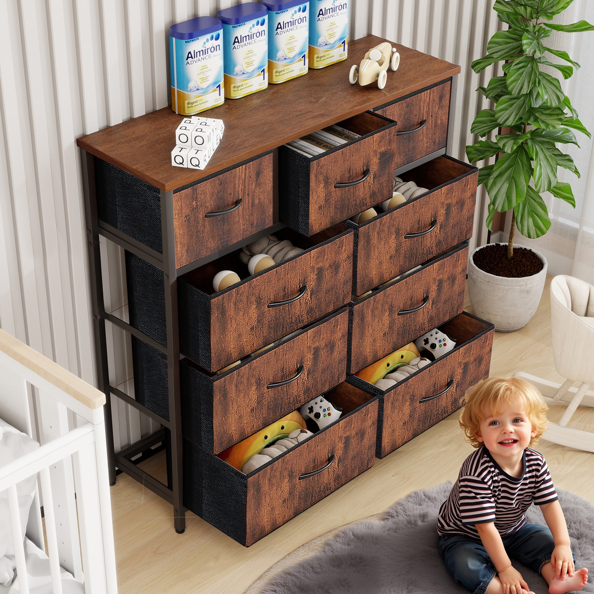 Nextay 9-Drawer Fabric Dresser for Bedroom, Storage Dresser Closet with Steel Frame & Wooden Top for Living Room, Dressing Room, Entryway, Brown