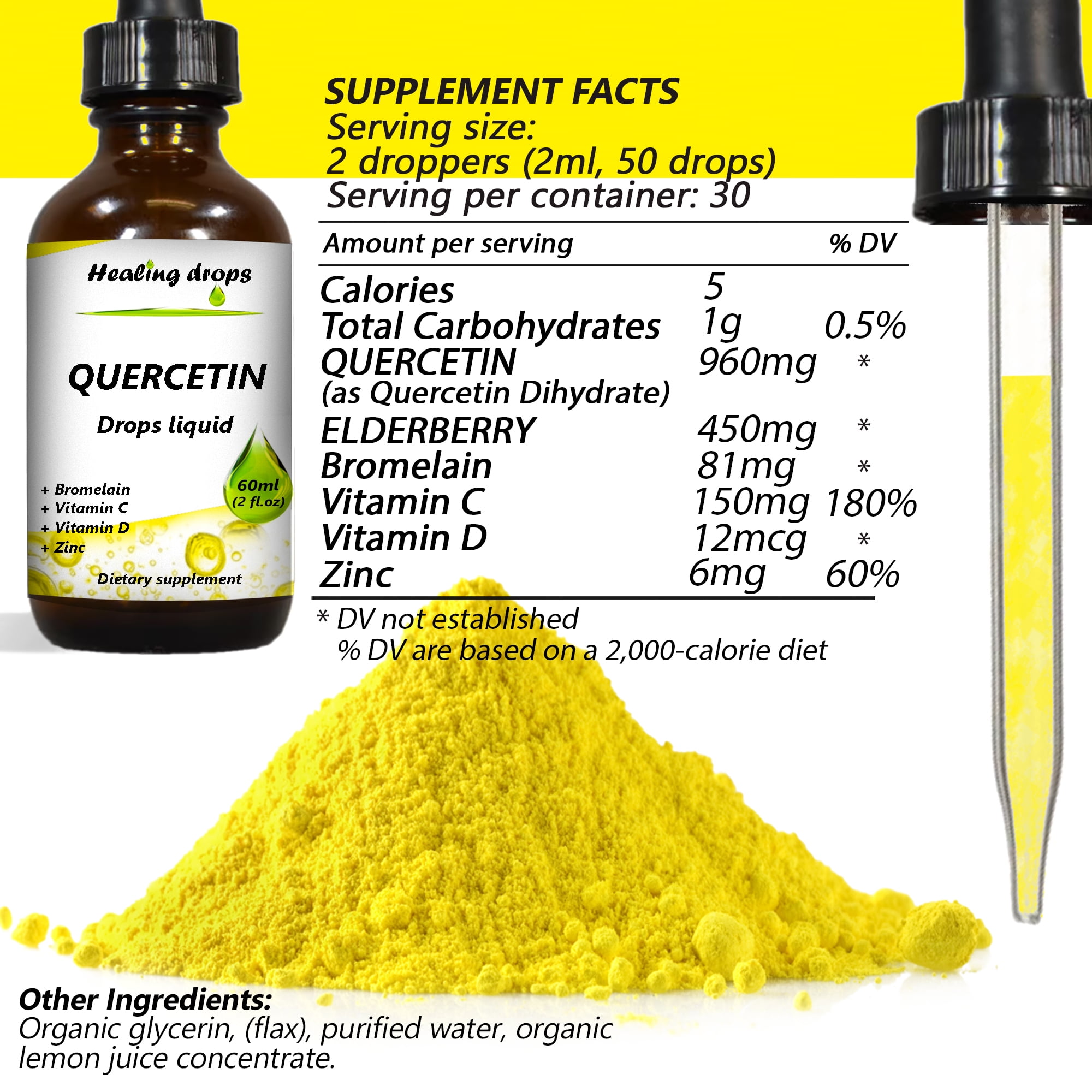 Healing Drops Liquid Quercetin - Natural Immune Support & Respiratory Benefits - Vegan & Gluten-Free Quercetin Supplement for Enhanced Absorption - 2oz (60ml)