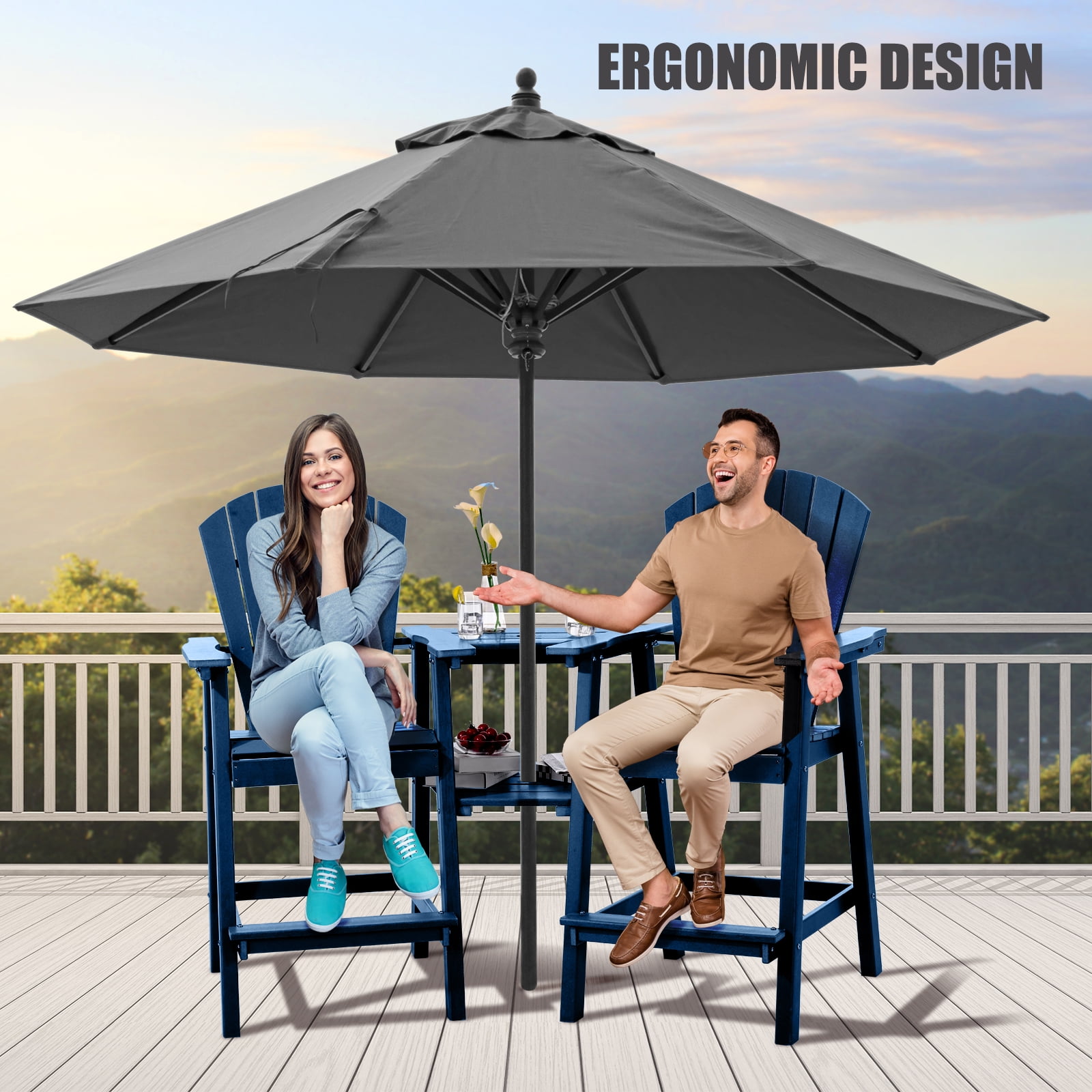 Tall Adirondack Chairs Set of 2，HDPE Outdoor Adirondack Barstools with Double Connecting Tray Patio Stools Weather Resistant for Outdoor Deck Lawn Pool Backyard,Navy Blue