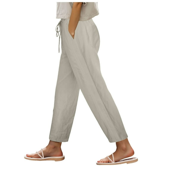 vigerkar Women's Linen Pants with Drawstring & Split Hem - Summer Casual Linen Trousers Elastic Waist Lightweight Capris Light Gray, L