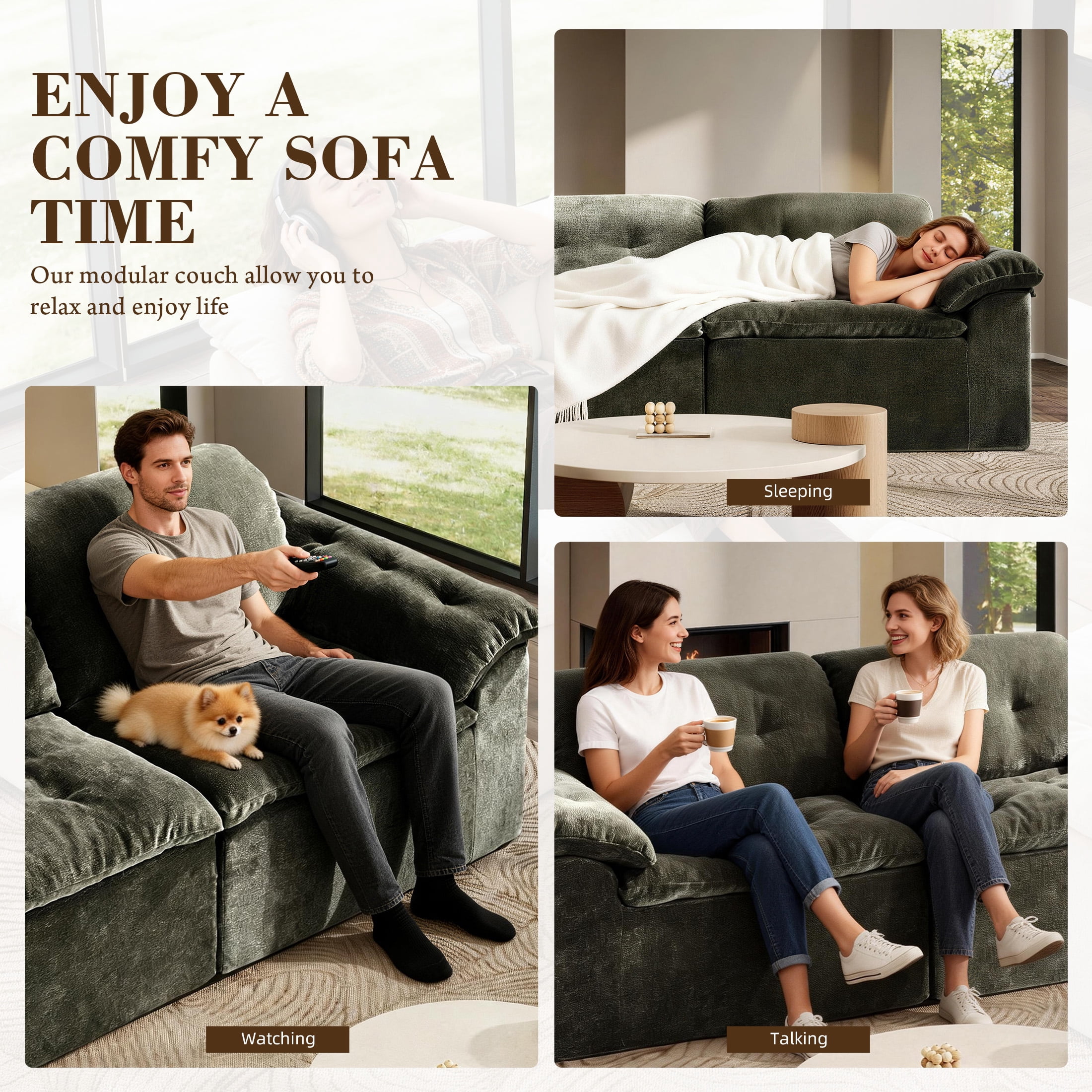 Aukfa 2-Piece Cloud Modular Sectional Sofa for Living Room, Ice Flower Chenille, Green