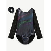 Justice Long Sleeve Embellished Foil Gymnastic Leotard for Girls with Scrunchie, Sizes XS-XL