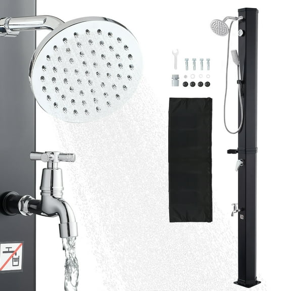 KFFKFF 10.6 Gal Outdoor Solar Heated Shower LY40L09,6.7ft Height with Handheld & Foot Faucet,Adjustable Hot & Cold Water, PVC Material, Black, 1 Count