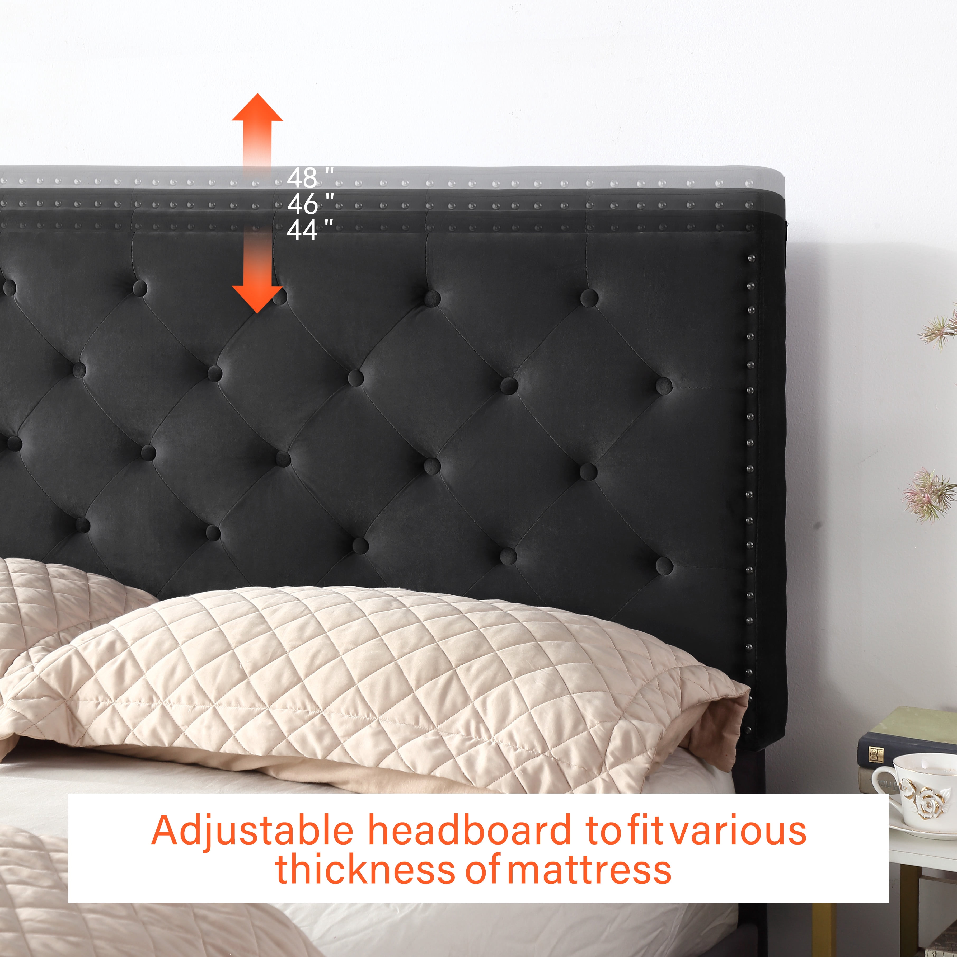 Queen Upholstered Platform Bed Frame with 48" Tall Adjustable Headboard - Button Tufted Suede Bed - Black - Oliver & Smith - Princeton