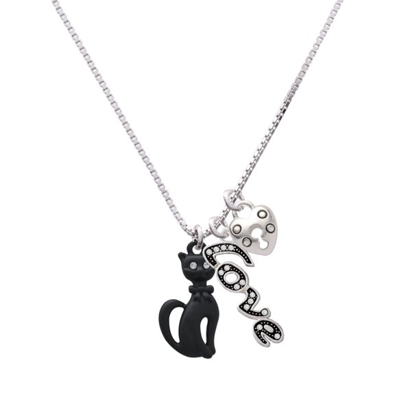 Delight Jewelry Tall Sitting Matte Black Cat - Love and Lock Charm Necklace, 18" 1"