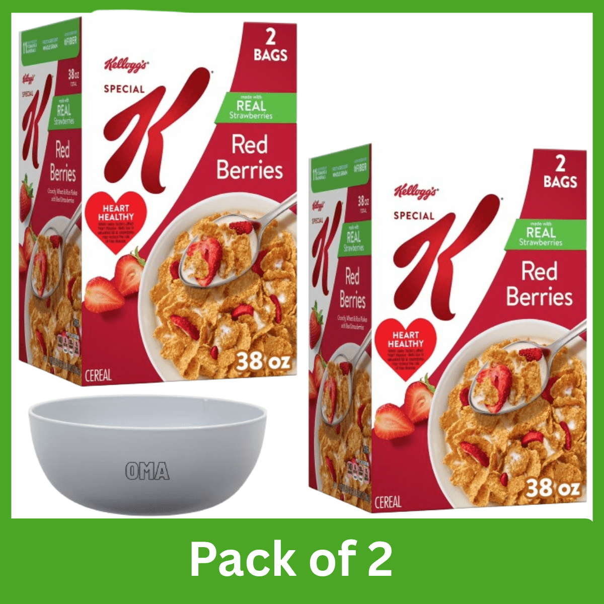 Special K Red Berries Cereal, 38 oz Boxes, Pack of 2 with Serving Bowl by OMA