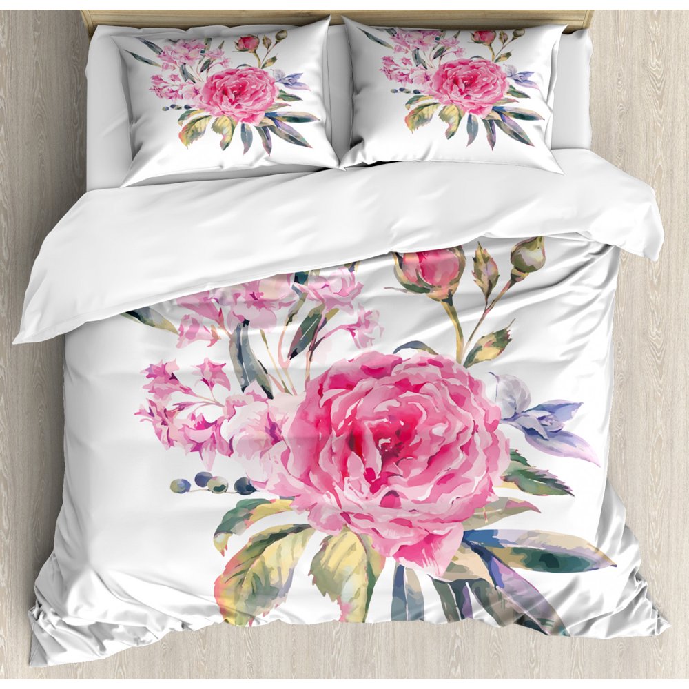 Floral Duvet Cover Set King Size, Romantic Watercolor Bouquet with Buds