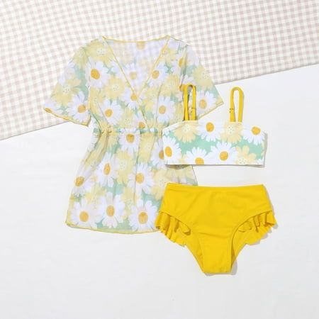 Delliss Girl s 3 Pieces Daisy Print Bikini Swimsuit with Belted Cover Up Kimono Bathing Suit with Drawstring Cover Up Girls  Swimwear