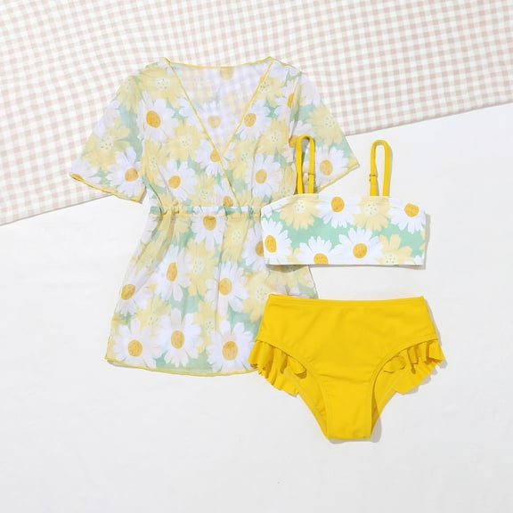 CYRBOKO Swim Suits for Girls, Summer Printed Swimming Pool 3-piece Bathing Suits Yellow Size 7-8 T