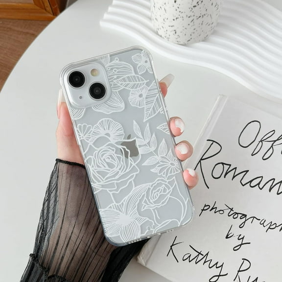 for iPhone 14 Case 6.1 Inch Cute Phone Case Floral Rose Aesthetic Flower Clear Case for Women Girls Slim Pattern Anti-Yellow Shockproof Protective TPU Bumper Case, White