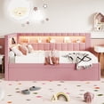 thumbnail image 3 of Bellemave Twin Size LED Daybed with Trundle Linen Upholstered Daybed Frame with Charging Station and LED Lights Twin Sofa Bed with Storage and Backrest, No Box Spring Needed, Pink, 3 of 11