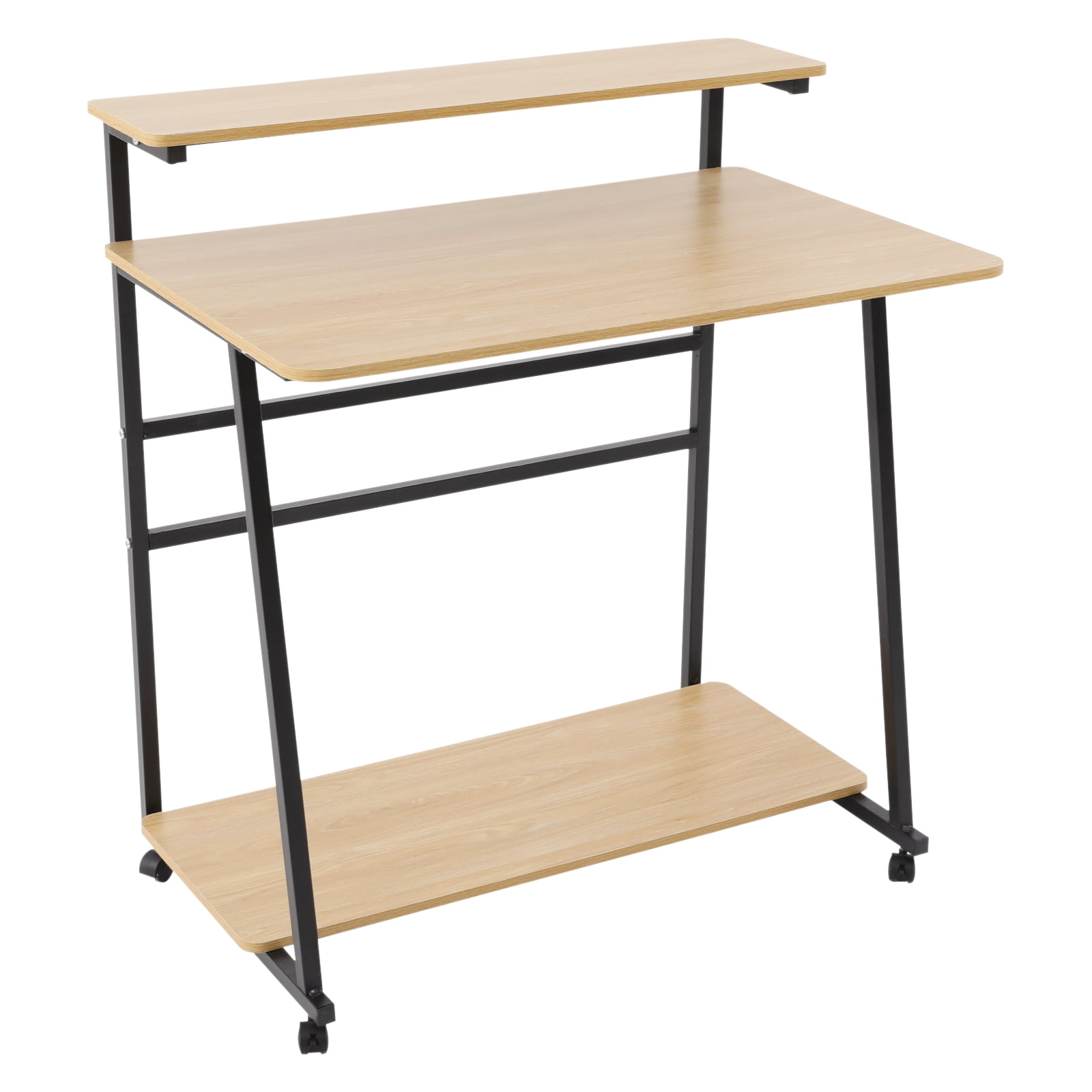 Free Standing Home Office Desk, Rolling 3-Tier Computer Desk (Black+Log Color)