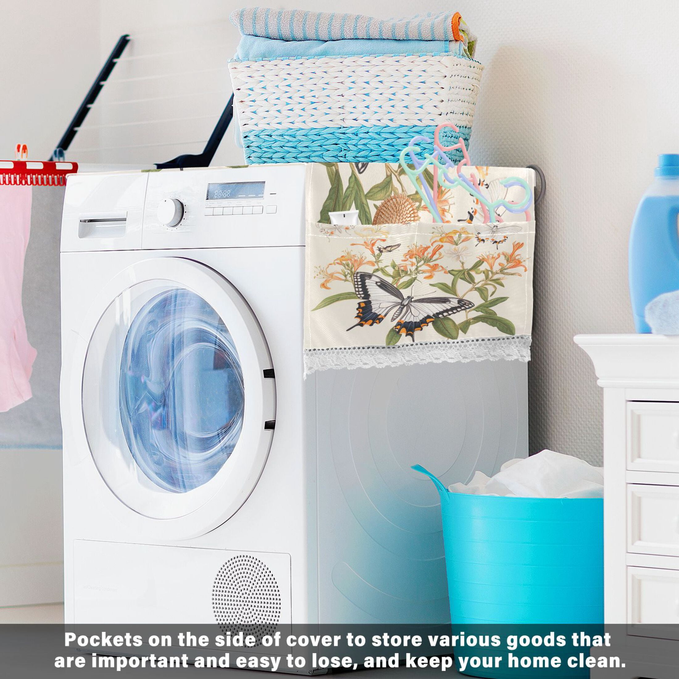 Various ButterfliesWasher and Dryer Covers Dust-Proof and Oil Resistant Fridge Cover with 4 Storage Pockets Washing Machine Top Cover for Laundry Kitchen Home 51.2 x 22 In