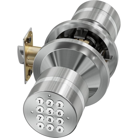 Keyless Entry Door Lock, Door Knob with Keypad, Smart Code Door Lock, Mute Mode, Passage Function, Easy to Install, Satin Nickel