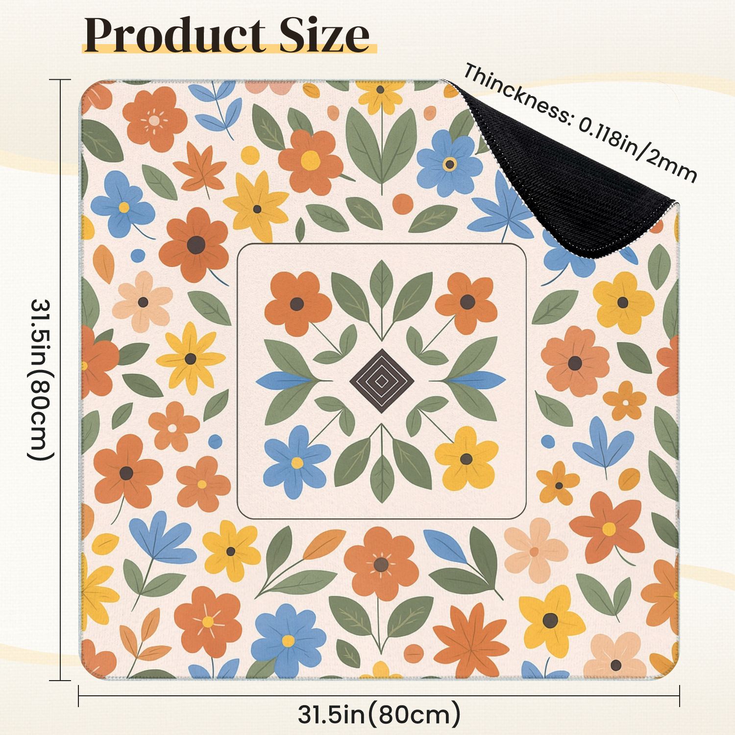 Mahjong Mat 31.5" x 31.5" Floral Orange Blue Yellow Flowers Anti-Slip and Noise Reduction Symmetry Design Mahjong Tiles Table Cover for Dominoes Poker Card Board and Tile Games