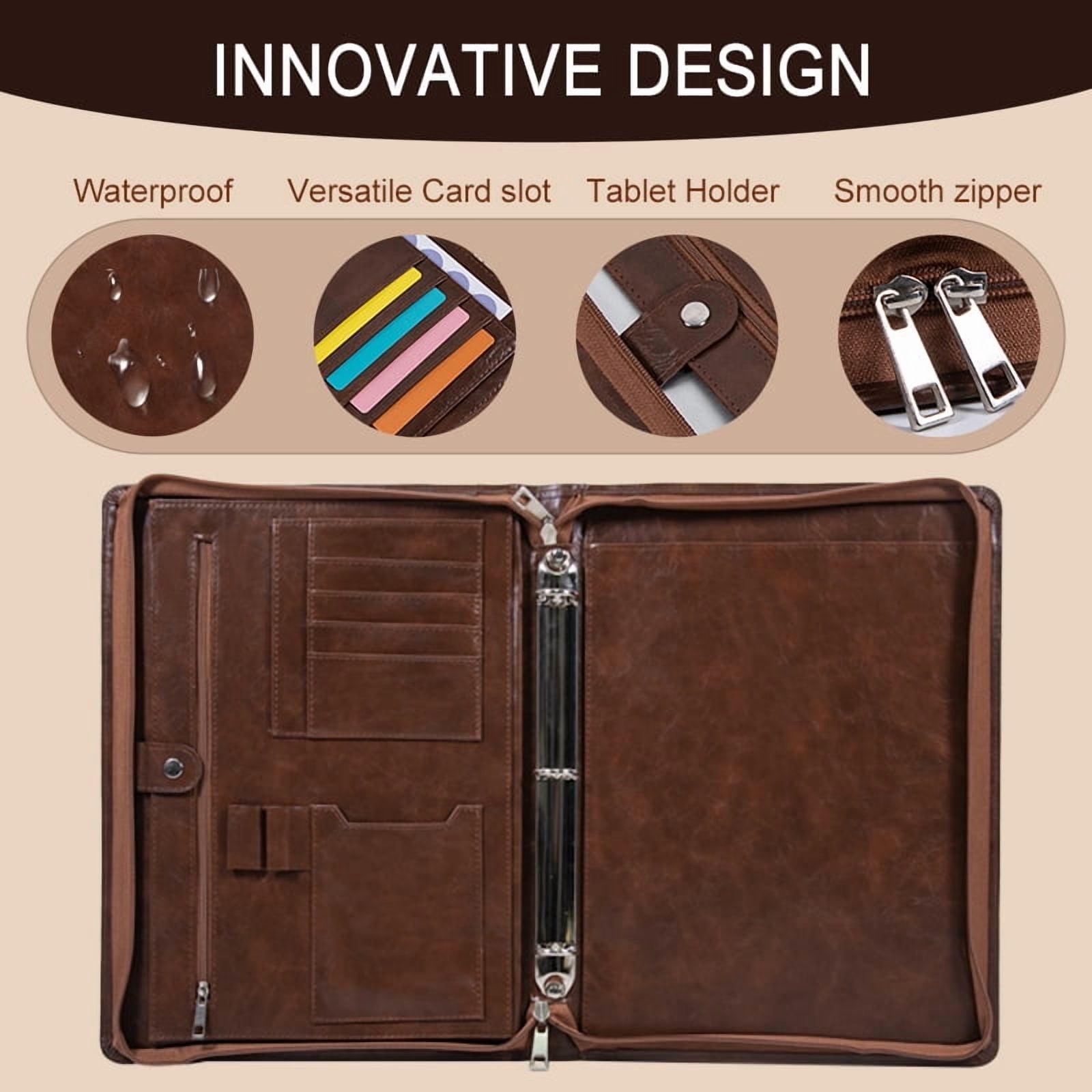A4 Business Padfolio Binder with Zipper, Vegan Leather Professional Portfolio Organizer with 3-Ring Binder, Notepad & Resume Holder for Meetings & Travel