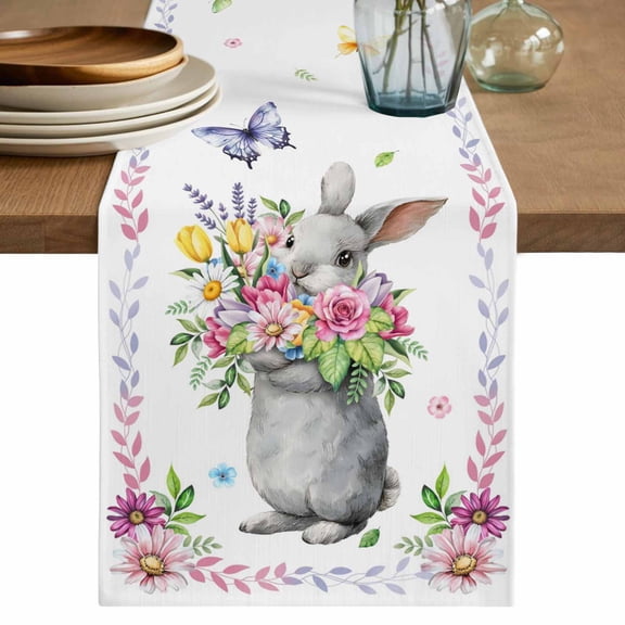 Happy Easter Rabbit Cotton Linen Table Runner for Dining Kitchen, Cute Bunny Spring Flowers Butterfly Wedding Outdoor Party Tablerunners, Dresser Scarf Coffee Tablecloth Runners 13x70 Inches