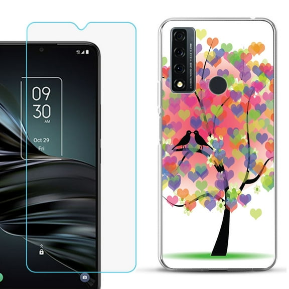 Slim-Fit Fashion Phone Case for TCL 20 XE, with Tempered Glass Screen Protector, by OneToughShield ® - Color Hearts Tree