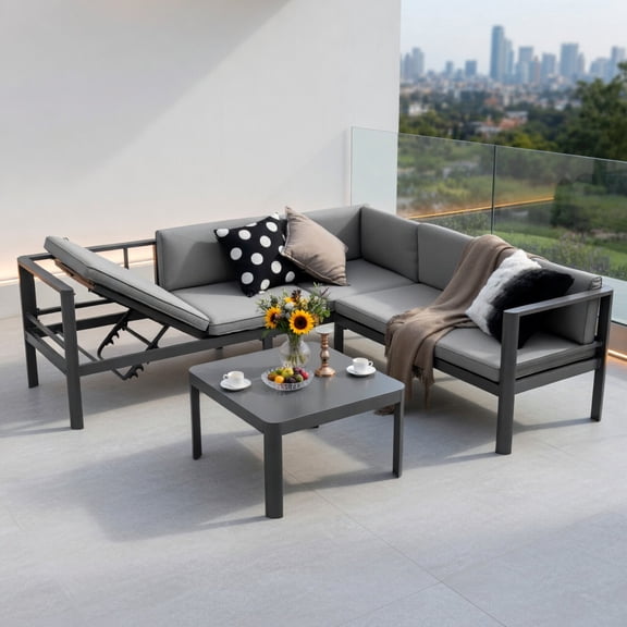 Topcobe 3 Pieces Aluminum Patio Furniture Set with 6-Level Adjustable Backrest, Outdoor Patio Furniture for Garden Backyard-Gray