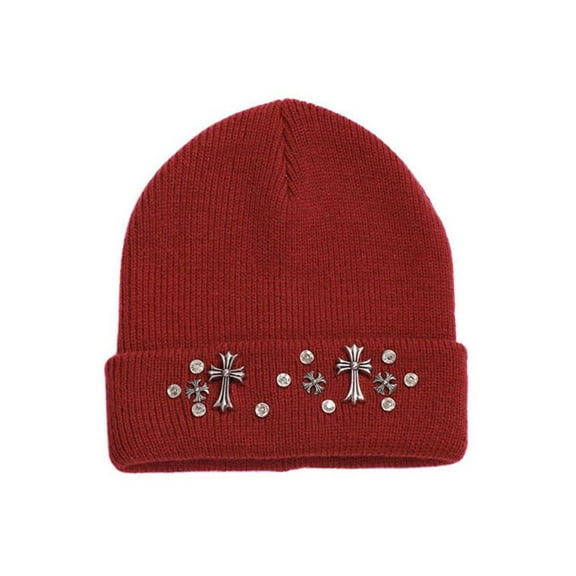 Studs and Crosses Cuffed Beanie - Burgundy