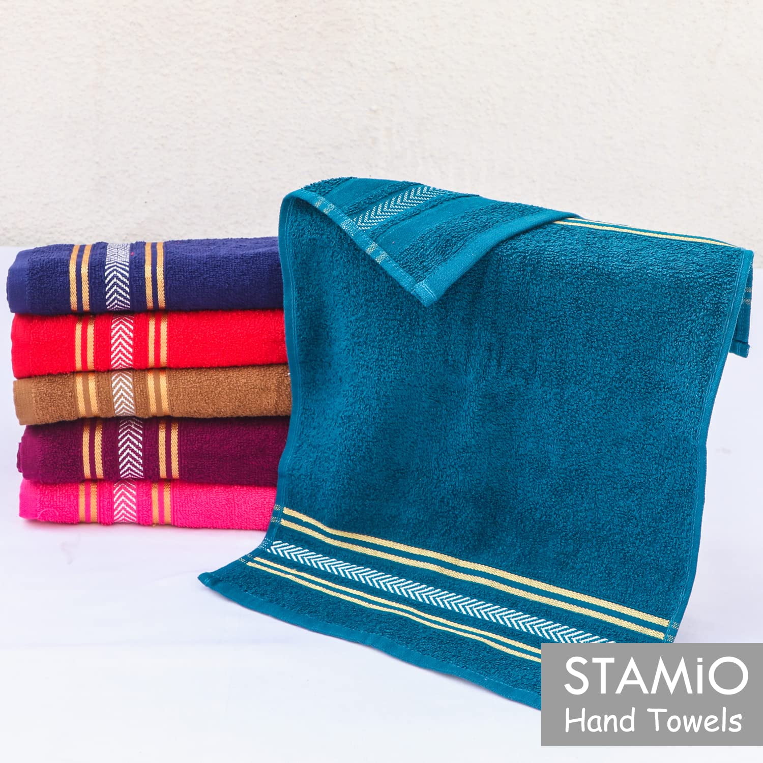 Set of 6, Cotton Hand Towels, 425 GSM, 33 X 51 CM, Multicolor - STAMIO