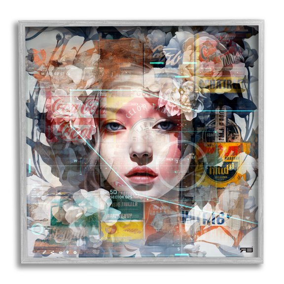 Stupell Industries Abstract Floral Girl Collage Abstract Painting Gray Framed Art Print Wall Art, 24 x 24