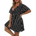 thumbnail image 2 of Women'S Plus Size Dress V Neck Short Sleeve Striped Smocked Waist A Line Short Summer Dress Black L, 2 of 9