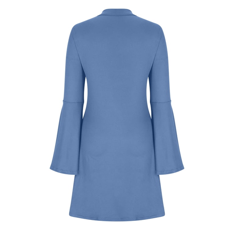 Winter Womens Dresses Trendy Classy Casual Long Sleeved Round Neck Party Solid Color Flared Sleeve Curvy Wrap Bump Friendly Mid Length Dress Blue S-2XL