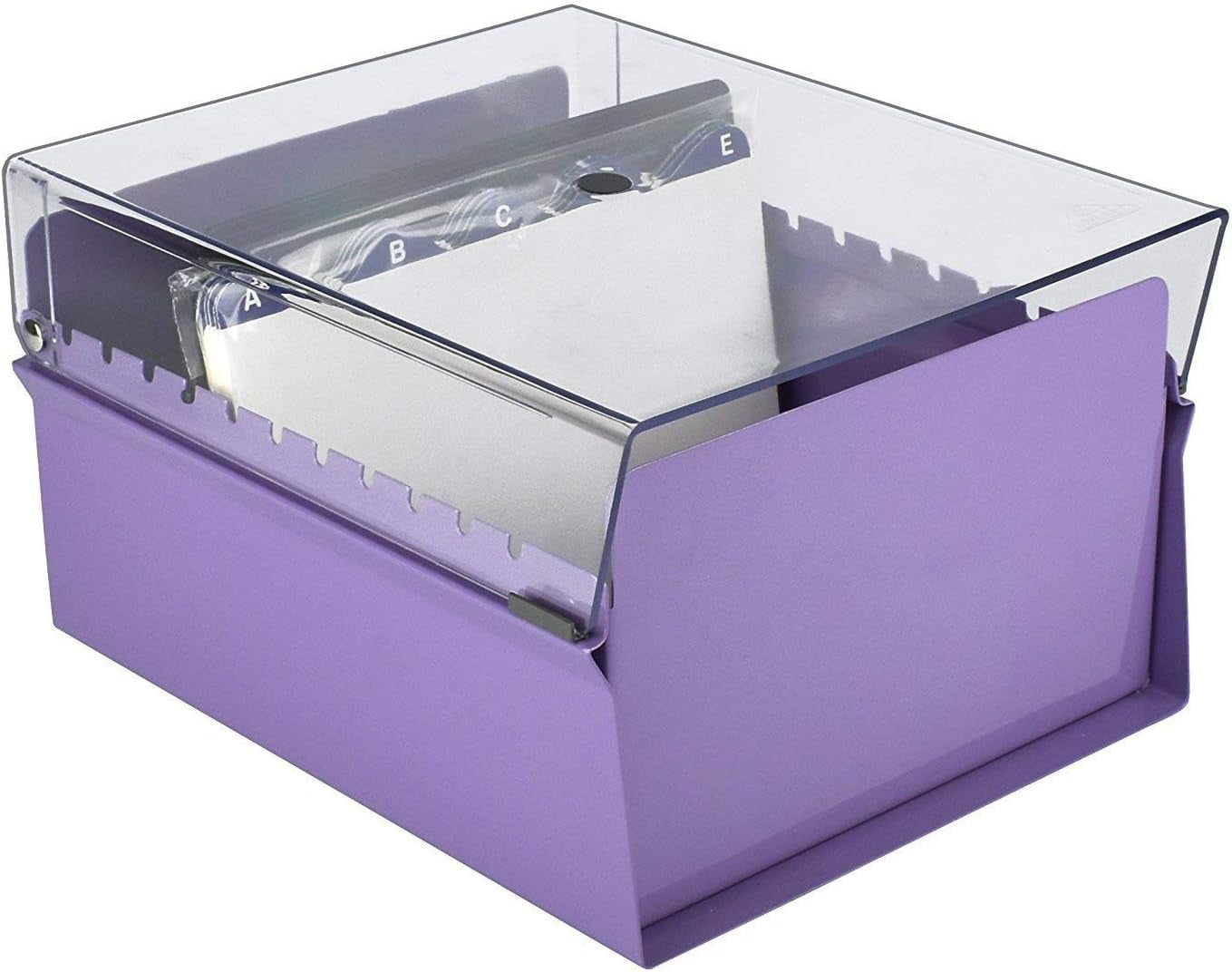 Acrimet 5 X 8 Card File Holder Organizer Box Metal Base Heavy Duty (AZ Index Cards and Divider Included) (Purple Color with Clear Crystal Plastic Lid Cover)