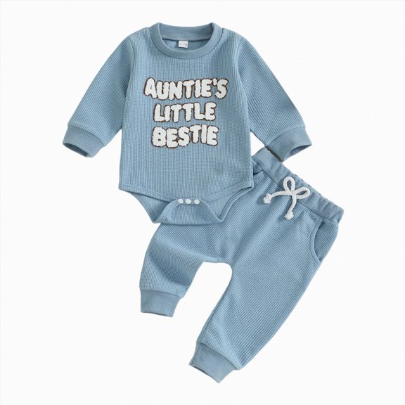 Nwiuh Aunties Little Bestie Baby Clothes Newborn Boy Fall Winter Outfit Waffle Knit Long Sleeve Romper and Pants Set (Blue, 6-12 Months)