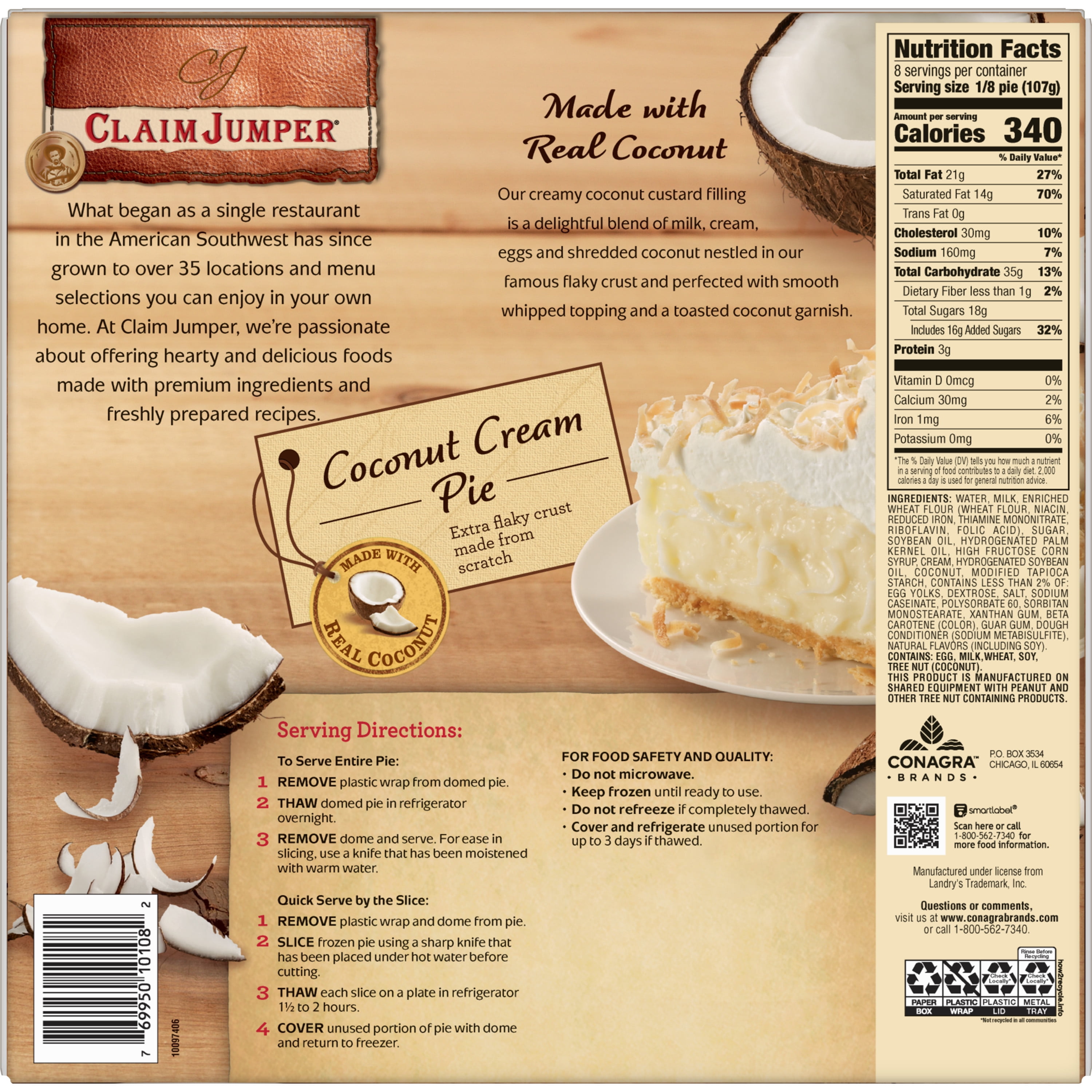 Claim Jumper Coconut Cream Pie Frozen Dessert, 30.3 Ounce