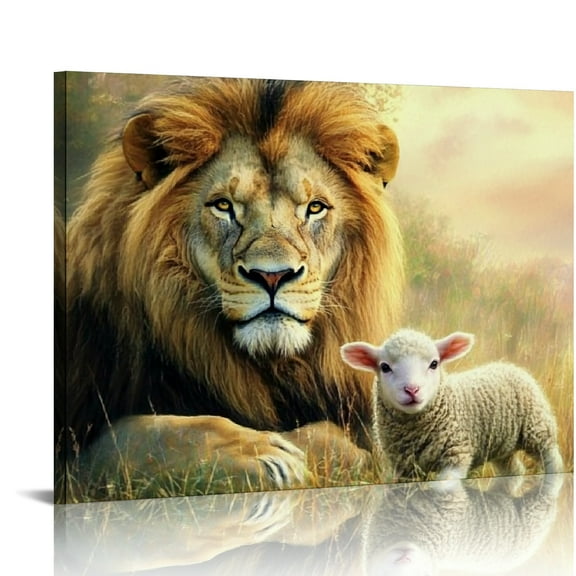 Autua Lion Lamb Grassland Canvas Wall Art For Home Decor 20x16in
