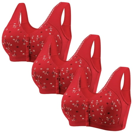 Rigardu Hot Sale!! Bras for Women No Underwire Front Closure Comfort Senior Wireless Snap Closing Bra 3Pc Women Lace Front Button Shaping Cup Adjustable Shoulder Strap Large Size Bra Red L