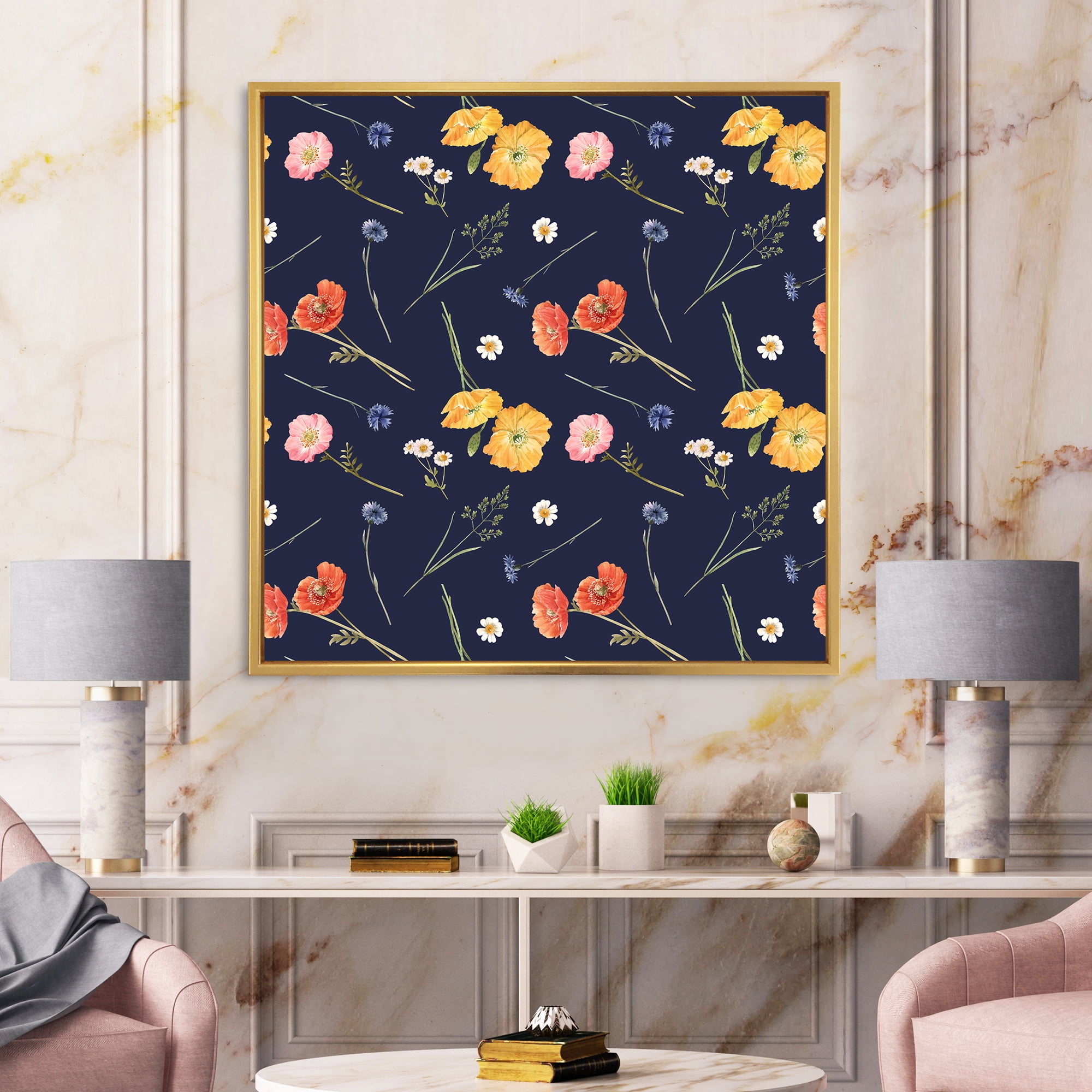 Designart 'Yellow and Orange Wild Flowers On Dark Blue' Traditional Framed Canvas Wall Art Print