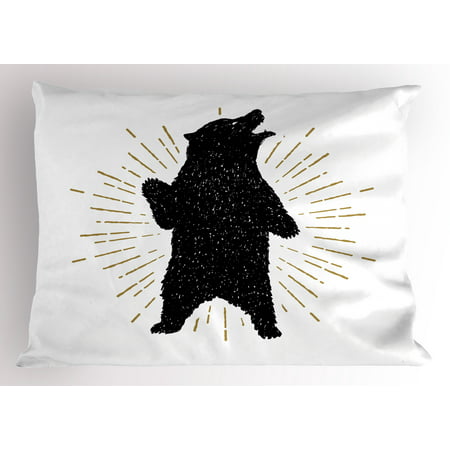 Bear Pillow Sham Sketch of Tribal Icon with Roaring Grizzly Bear and Sunburst Effect Vintage Wildlife, Decorative Standard Queen Size Printed Pillowcase, 30 X 20 Inches, Black White, by Ambesonne